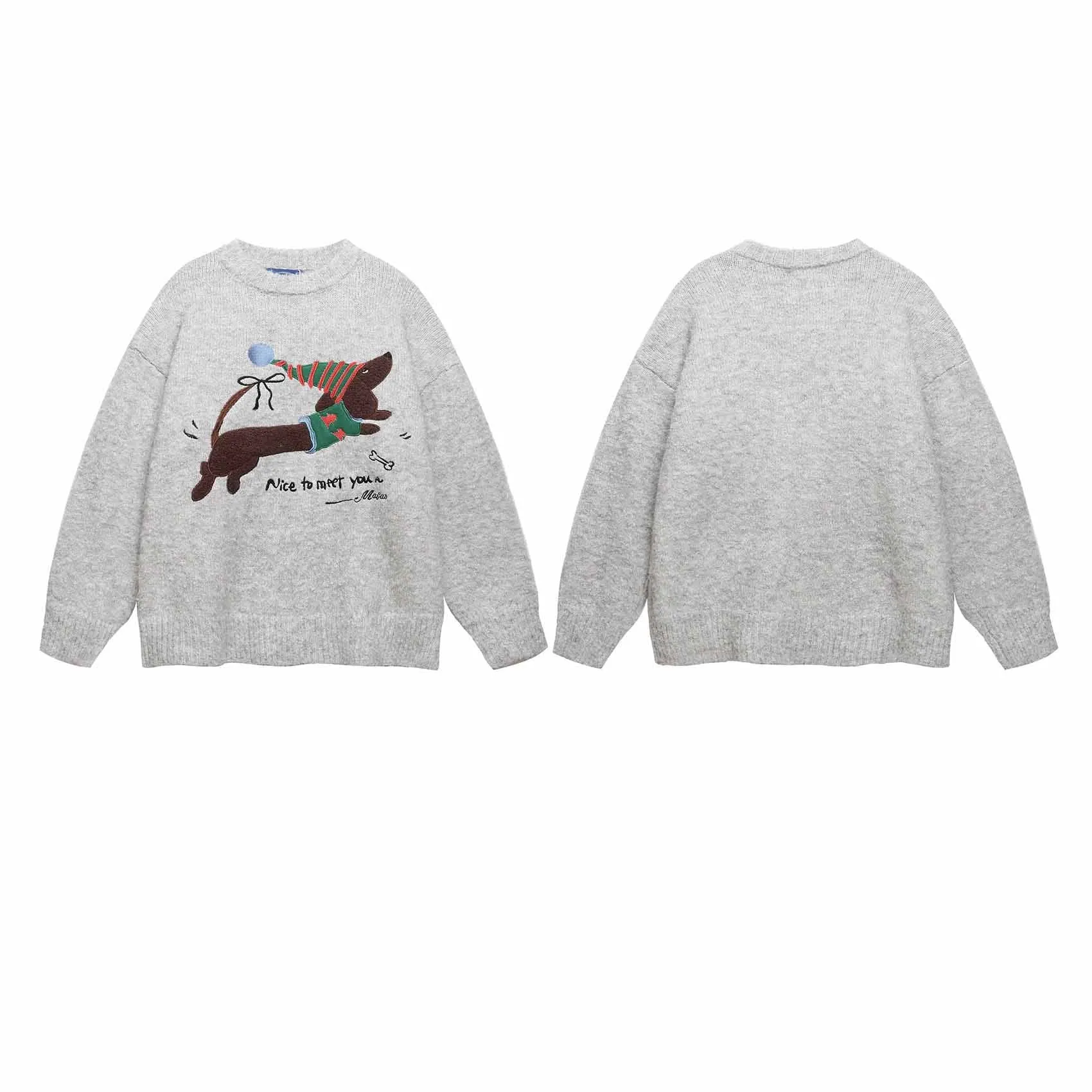 Gray loose-fit pullover sweater with American retro Christmas hat puppy embroidery for teenagers