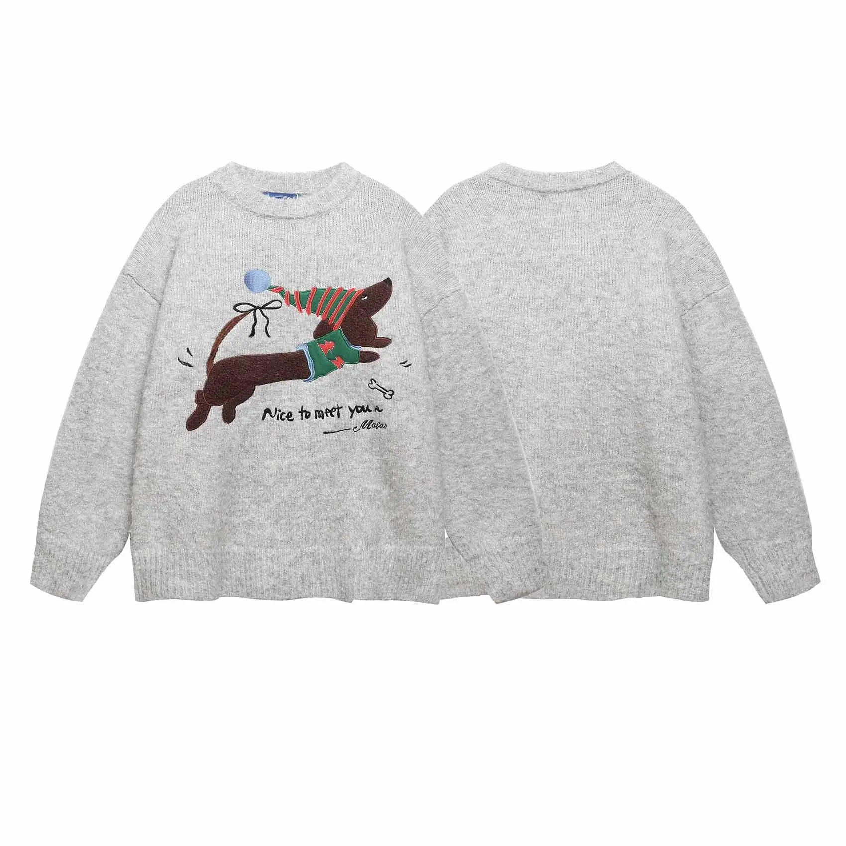Gray loose-fit pullover sweater with American retro Christmas hat puppy embroidery for teenagers