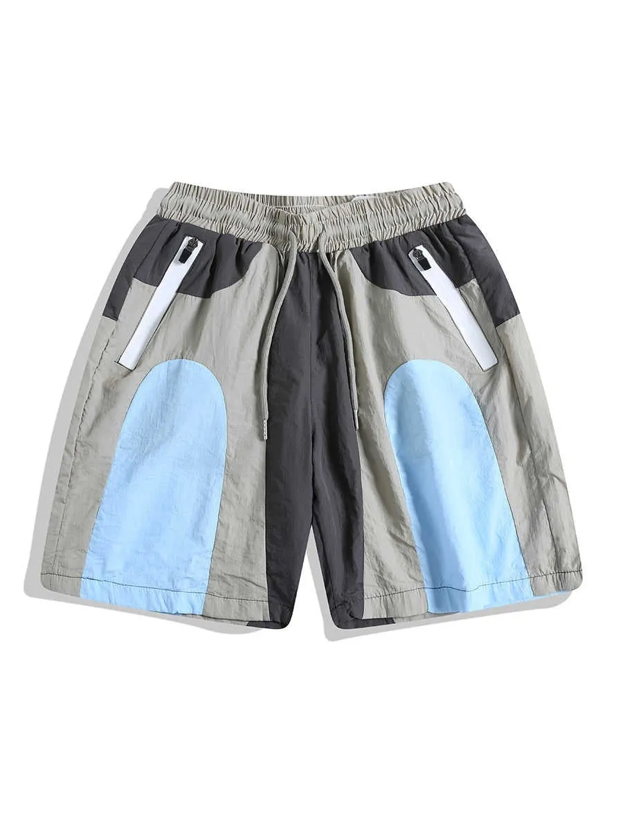 Blue patchwork outdoor sports shorts with quick-drying fabric and loose straight-leg fit