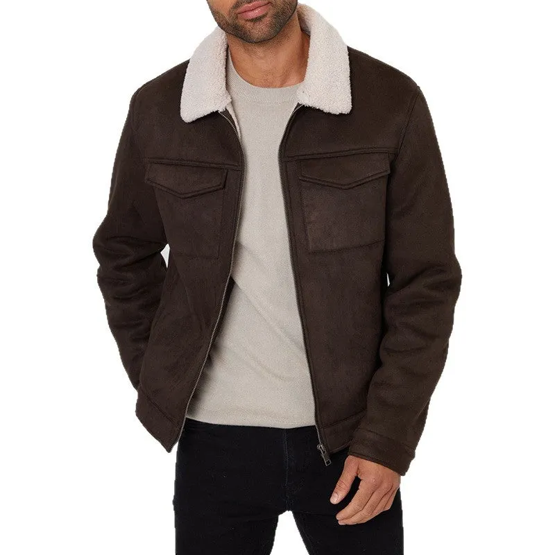 Men's lamb fur collar splicing coat in brown, cotton blend slim fit retro style with stick pocket