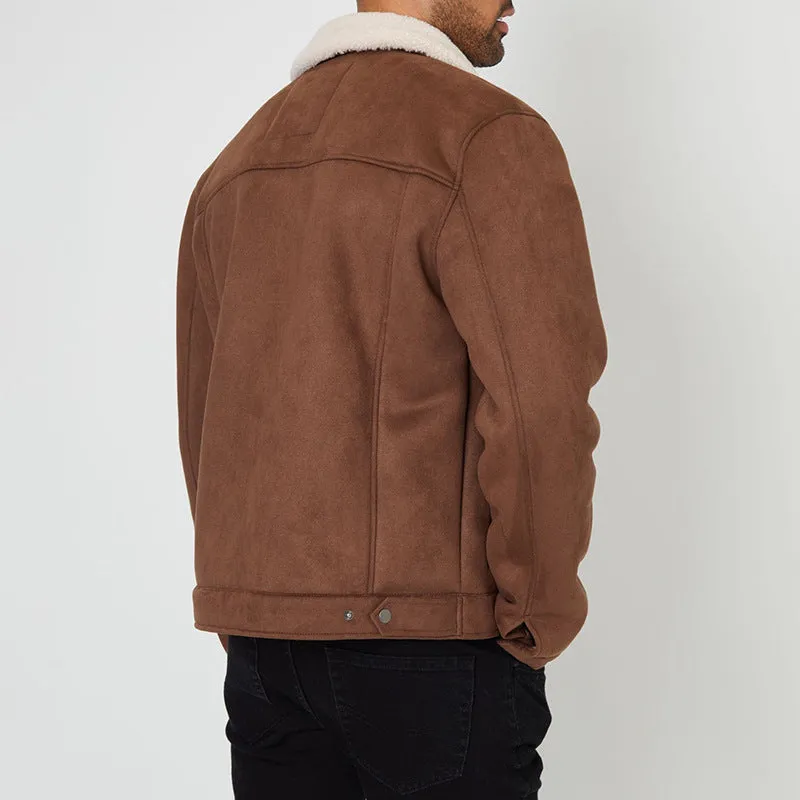 Men's lamb fur collar splicing coat in brown, cotton blend slim fit retro style with stick pocket