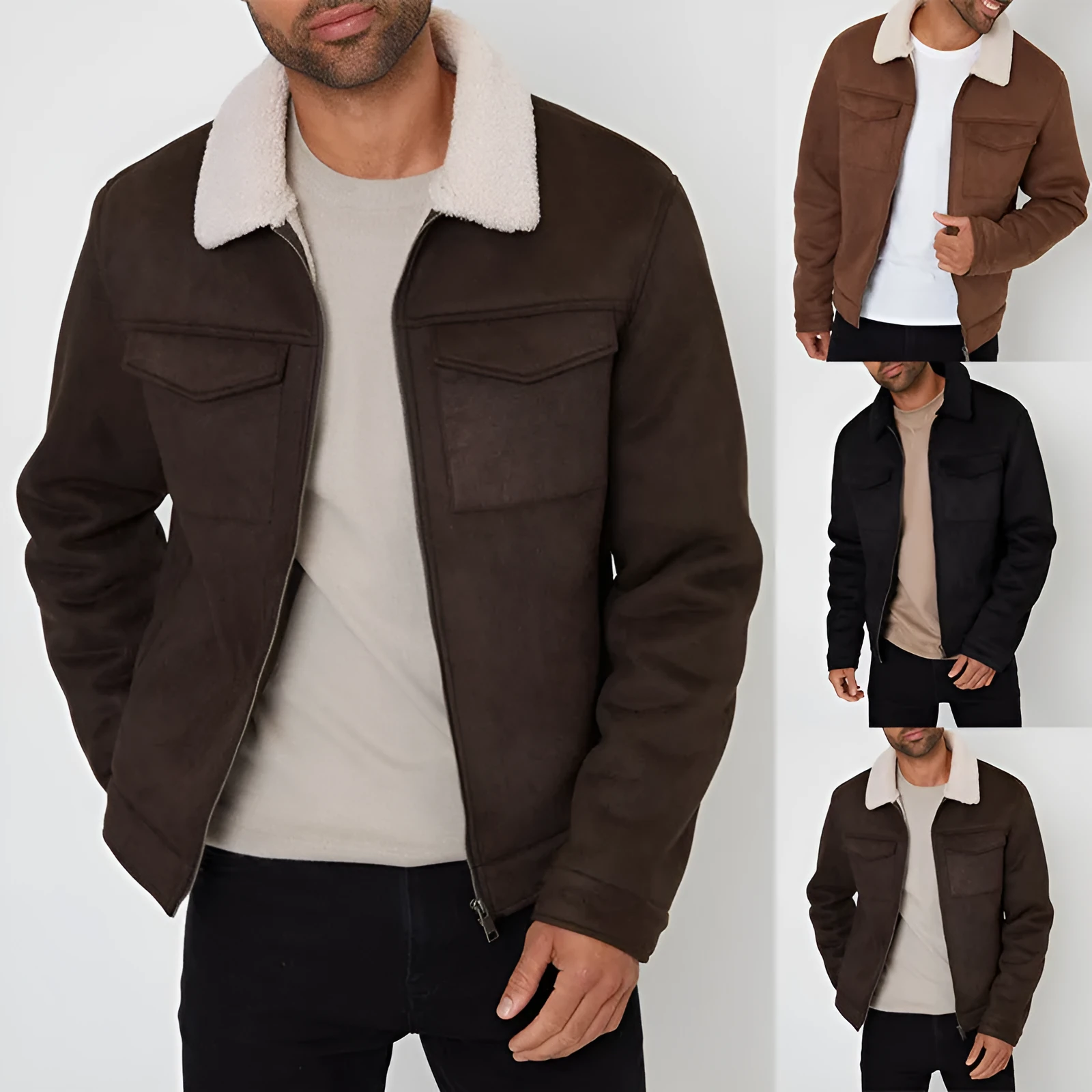 Men's lamb fur collar splicing coat in brown, cotton blend slim fit retro style with stick pocket