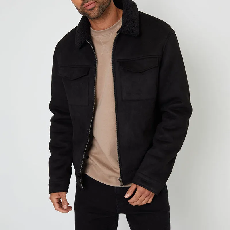 Men's lamb fur collar splicing coat in brown, cotton blend slim fit retro style with stick pocket