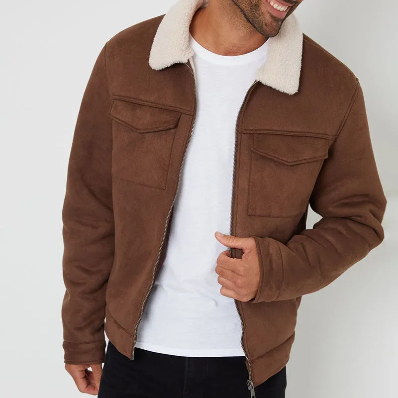 Men's lamb fur collar splicing coat in brown, cotton blend slim fit retro style with stick pocket