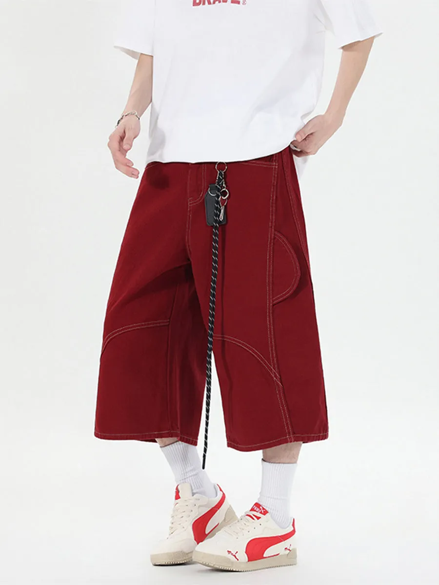 Retro denim workwear shorts with multiple pockets in wide-leg cropped fit