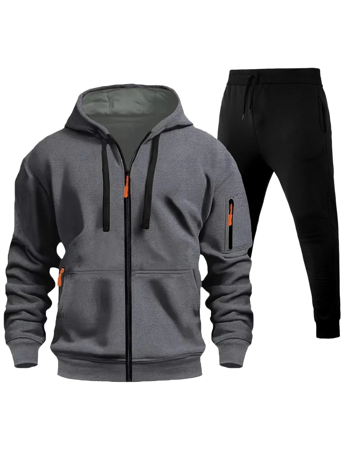 Men's sports hoodie set with zip-up front, multiple pockets, and wool lining in camel colour