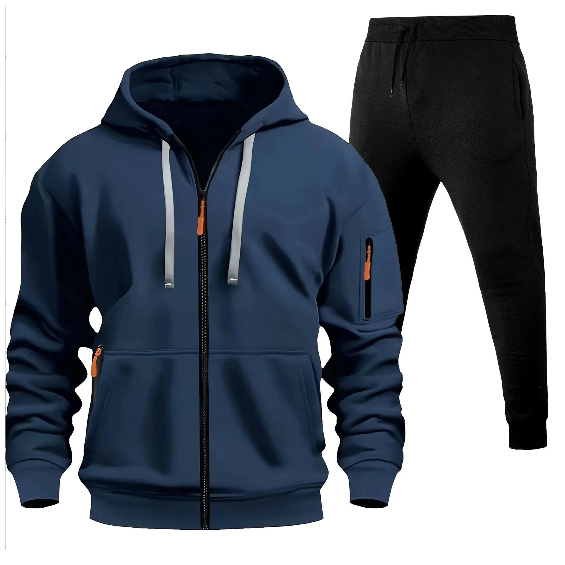 Men's sports hoodie set with zip-up front, multiple pockets, and wool lining in camel colour