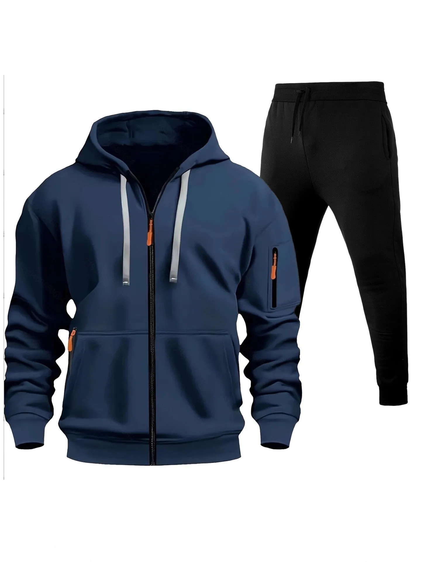 Men's sports hoodie set with zip-up front, multiple pockets, and wool lining in camel colour