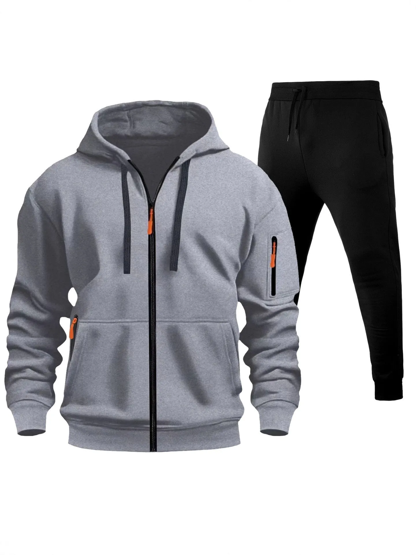 Men's sports hoodie set with zip-up front, multiple pockets, and wool lining in camel colour