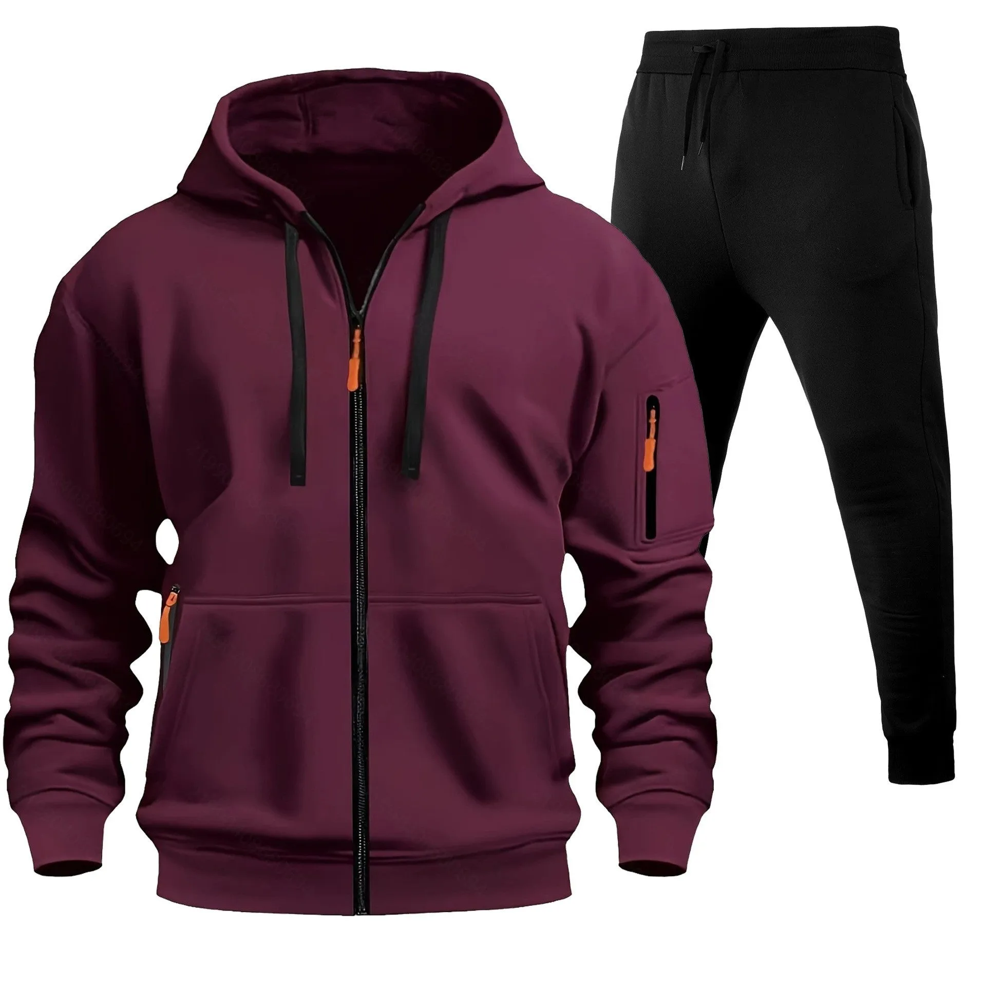 Men's sports hoodie set with zip-up front, multiple pockets, and wool lining in camel colour