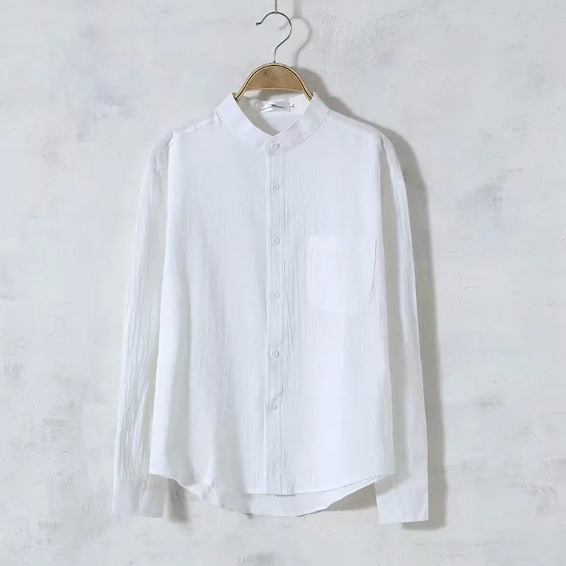 Solid colour men's long sleeve round neck casual loose linen shirt in green cotton-linen blend