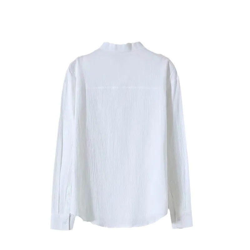 Solid colour men's long sleeve round neck casual loose linen shirt in green cotton-linen blend