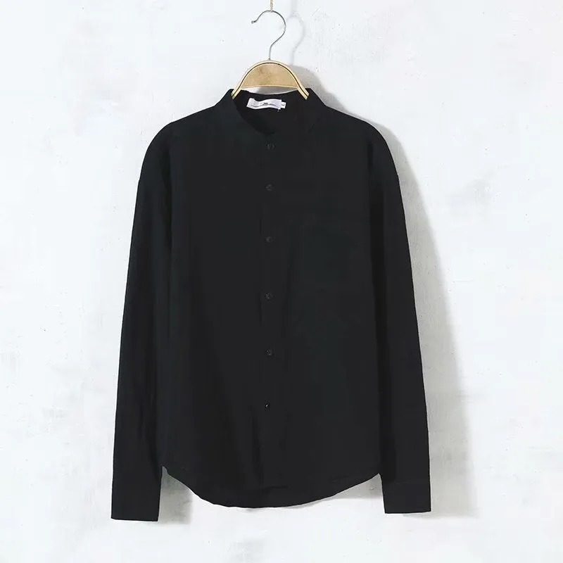 Solid colour men's long sleeve round neck casual loose linen shirt in green cotton-linen blend