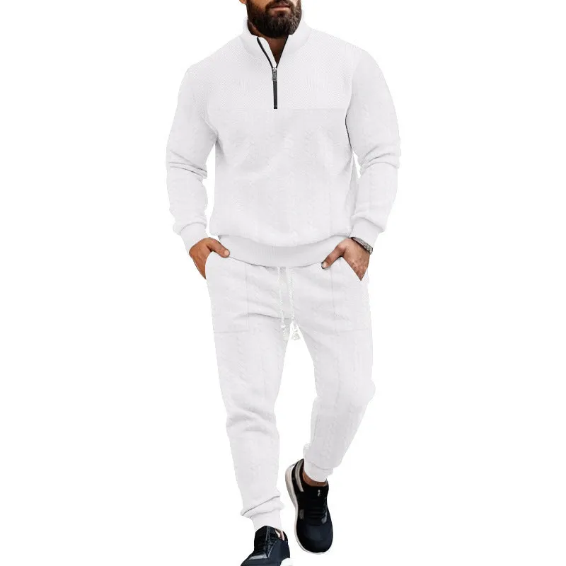 Men's casual fleece-lined warm-up track pants set in khaki, showing zippered jacket and matching pants