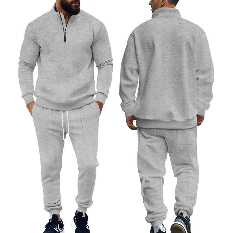 Men's casual fleece-lined warm-up track pants set in khaki, showing zippered jacket and matching pants