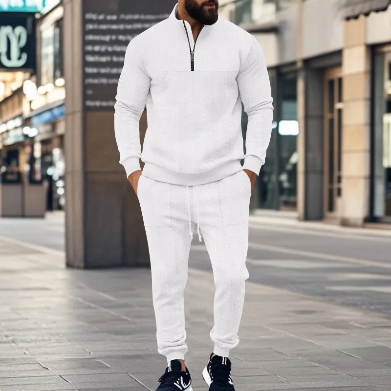 Men's casual fleece-lined warm-up track pants set in khaki, showing zippered jacket and matching pants