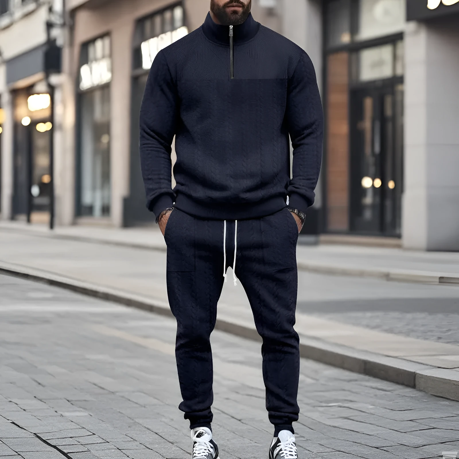 Men's casual fleece-lined warm-up track pants set in khaki, showing zippered jacket and matching pants