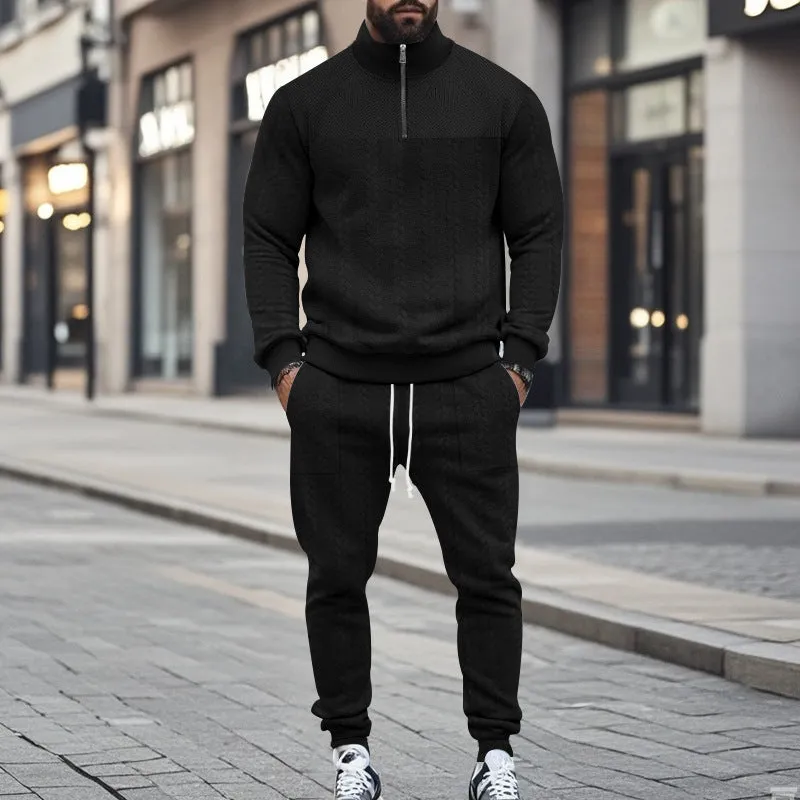 Men's casual fleece-lined warm-up track pants set in khaki, showing zippered jacket and matching pants