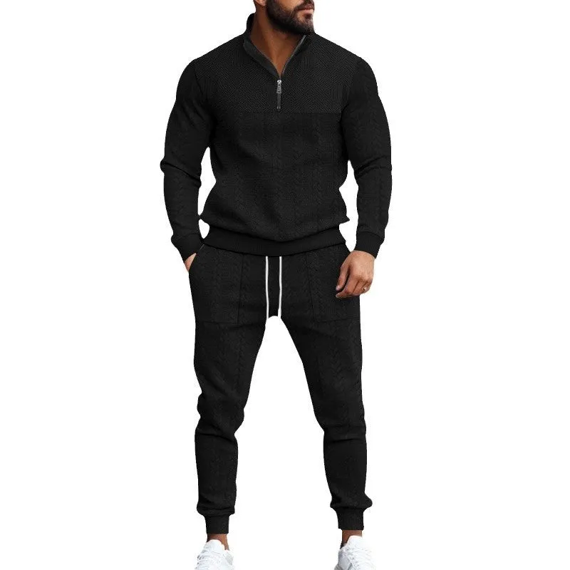 Men's casual fleece-lined warm-up track pants set in khaki, showing zippered jacket and matching pants