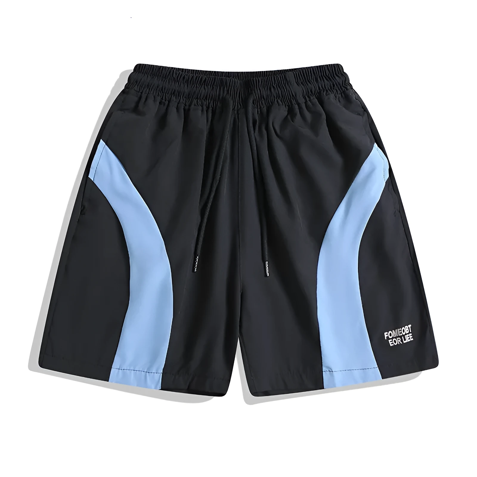 Black quick-drying sports shorts with elastic waistband and loose straight-leg design