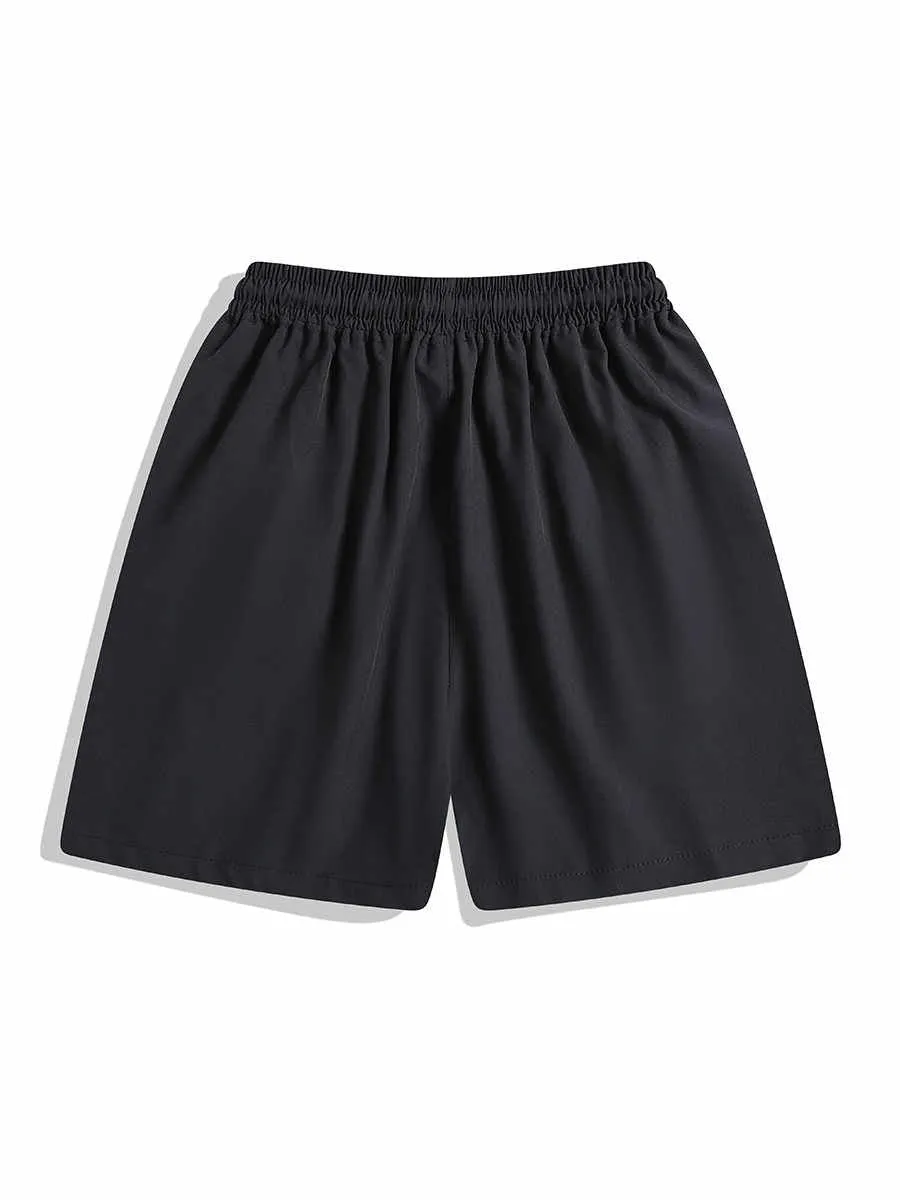 Black quick-drying sports shorts with elastic waistband and loose straight-leg design