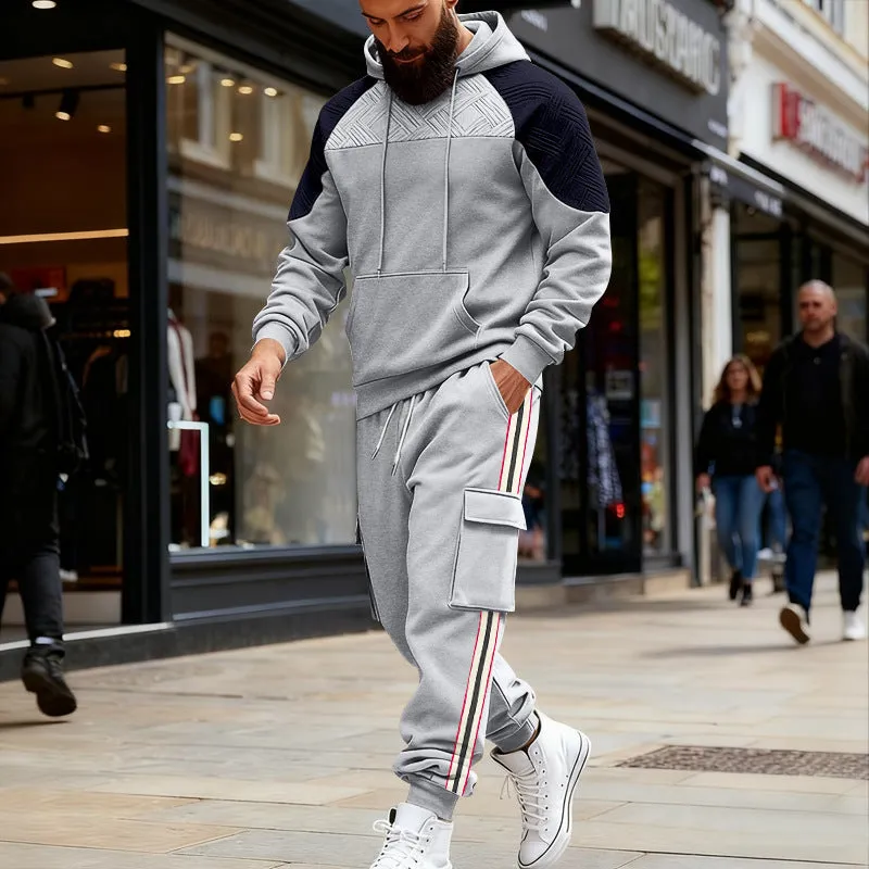 Loose colour-block textured hoodie and sweatpants casual set in black, gray, navy blue, khaki