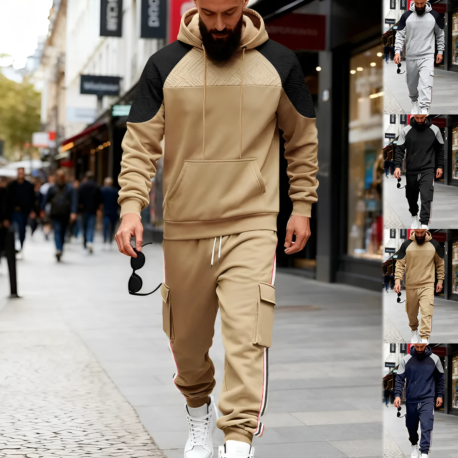 Loose colour-block textured hoodie and sweatpants casual set in black, gray, navy blue, khaki