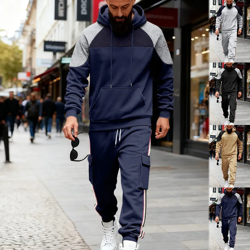 Loose colour-block textured hoodie and sweatpants casual set in black, gray, navy blue, khaki