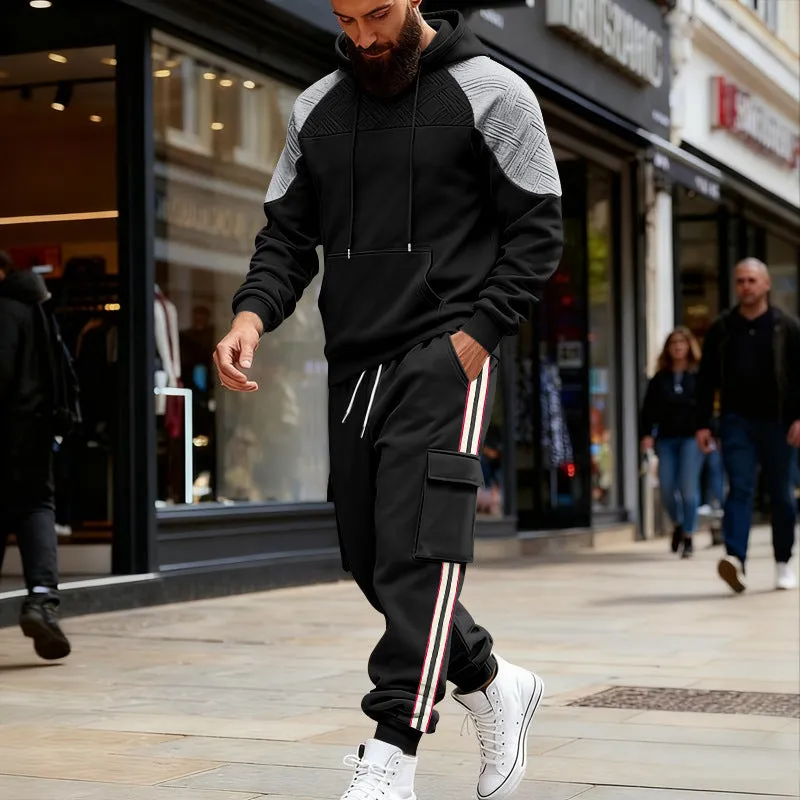 Loose colour-block textured hoodie and sweatpants casual set in black, gray, navy blue, khaki