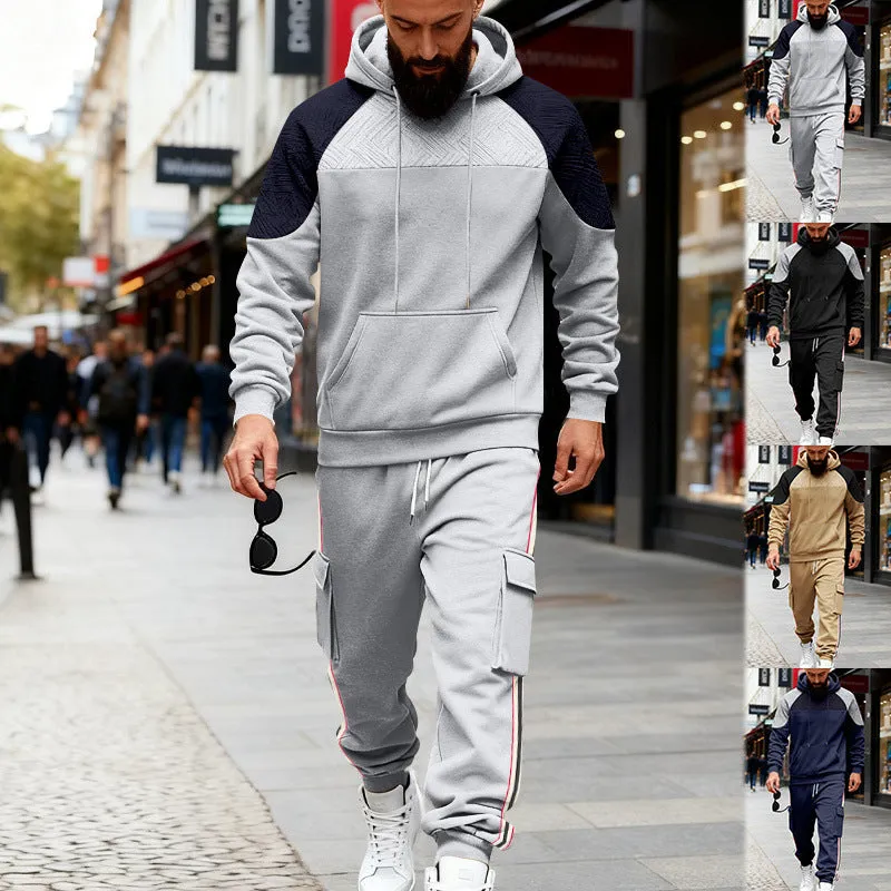 Loose colour-block textured hoodie and sweatpants casual set in black, gray, navy blue, khaki