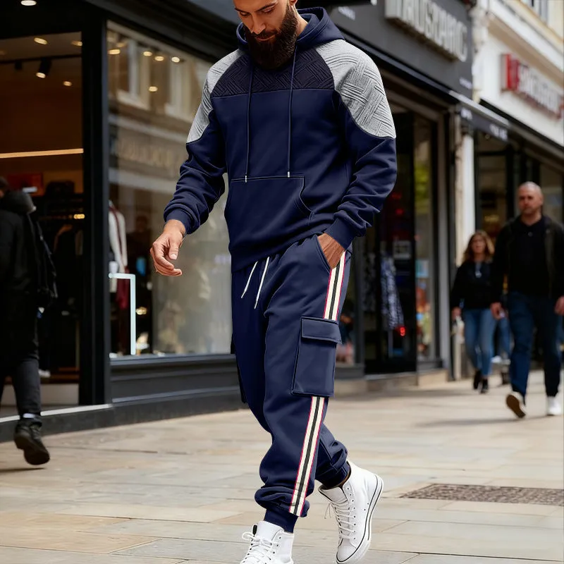 Loose colour-block textured hoodie and sweatpants casual set in black, gray, navy blue, khaki