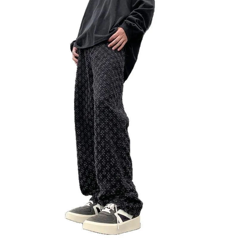 Men's jacquard full-print denim jeans in black, mid-rise button fly, streetwear casual trousers