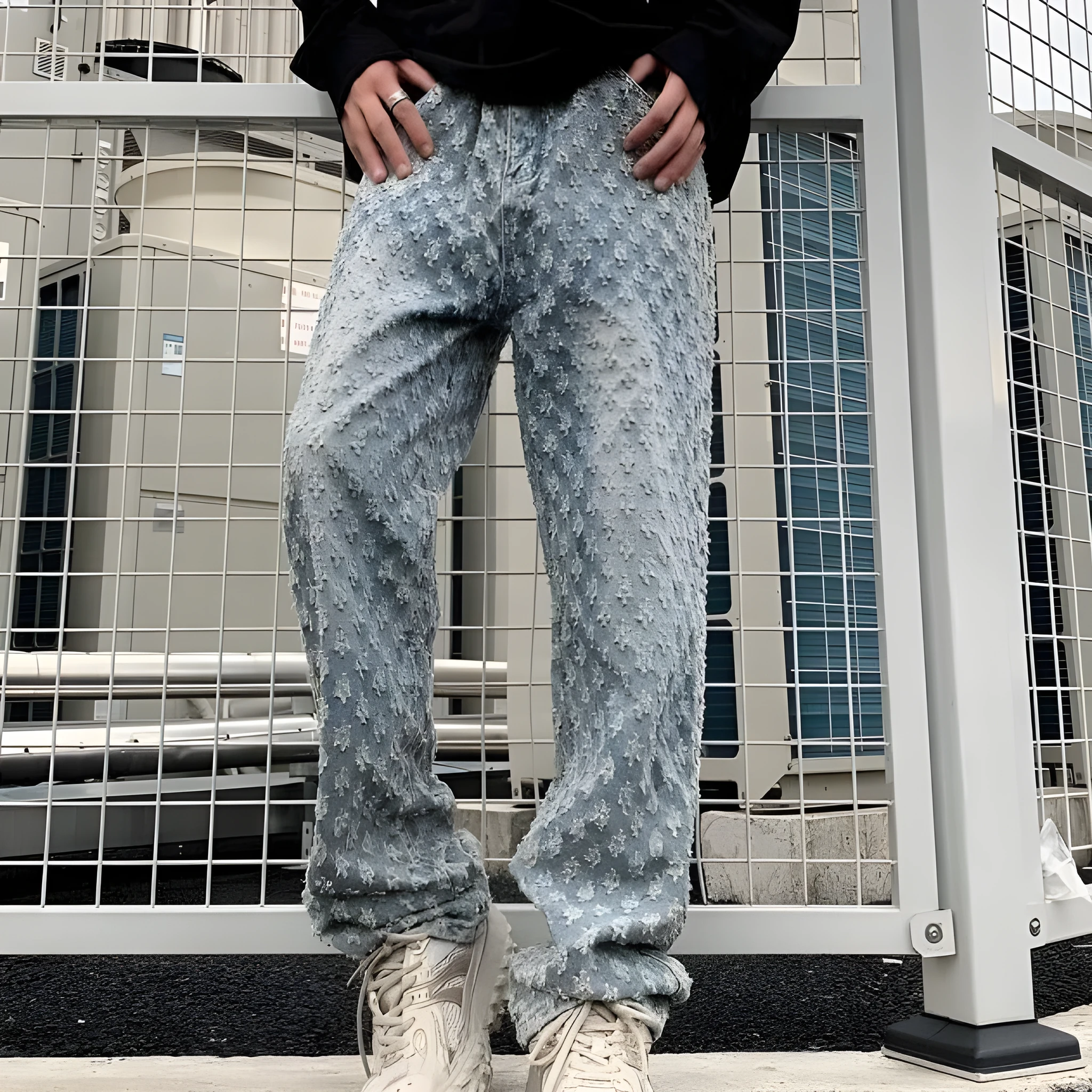 Men's jacquard full-print denim jeans in black, mid-rise button fly, streetwear casual trousers