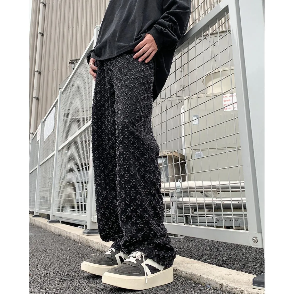 Men's jacquard full-print denim jeans in black, mid-rise button fly, streetwear casual trousers