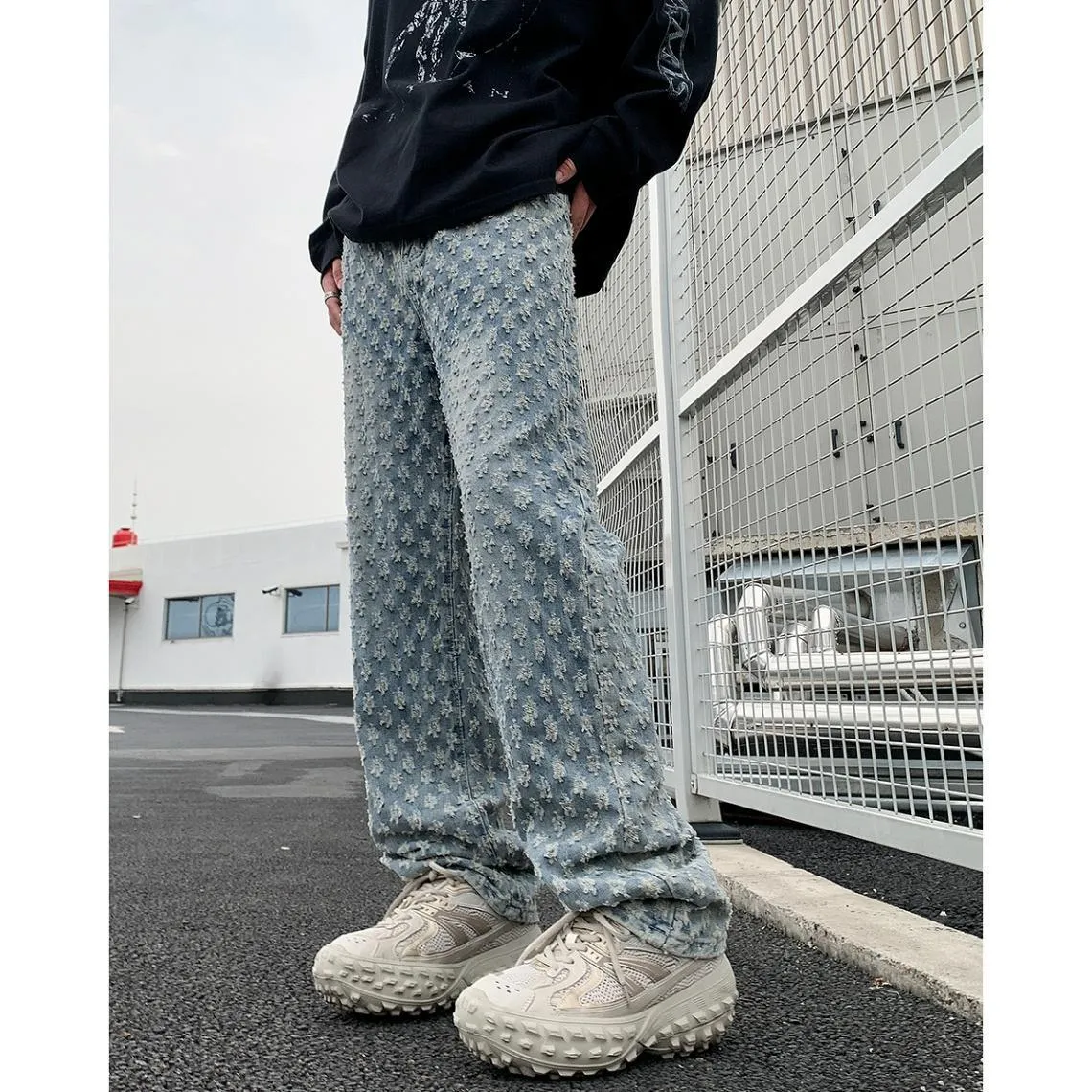 Men's jacquard full-print denim jeans in black, mid-rise button fly, streetwear casual trousers