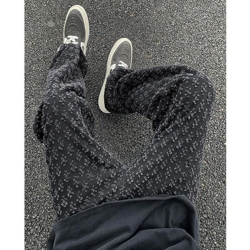 Men's jacquard full-print denim jeans in black, mid-rise button fly, streetwear casual trousers