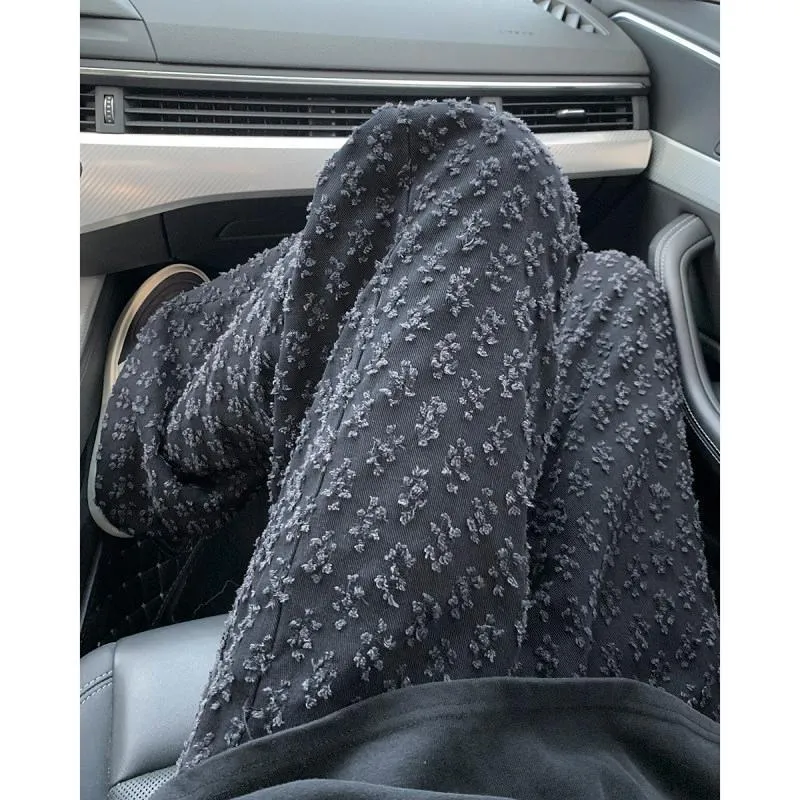 Men's jacquard full-print denim jeans in black, mid-rise button fly, streetwear casual trousers