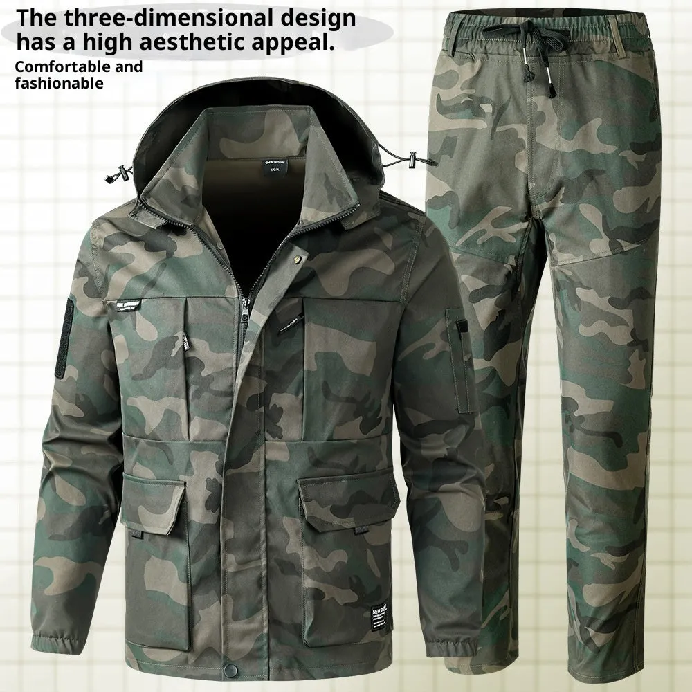 Men's camouflage outdoor casual jacket suit in green, long sleeves, synthetic fibre blend, coat and pants set