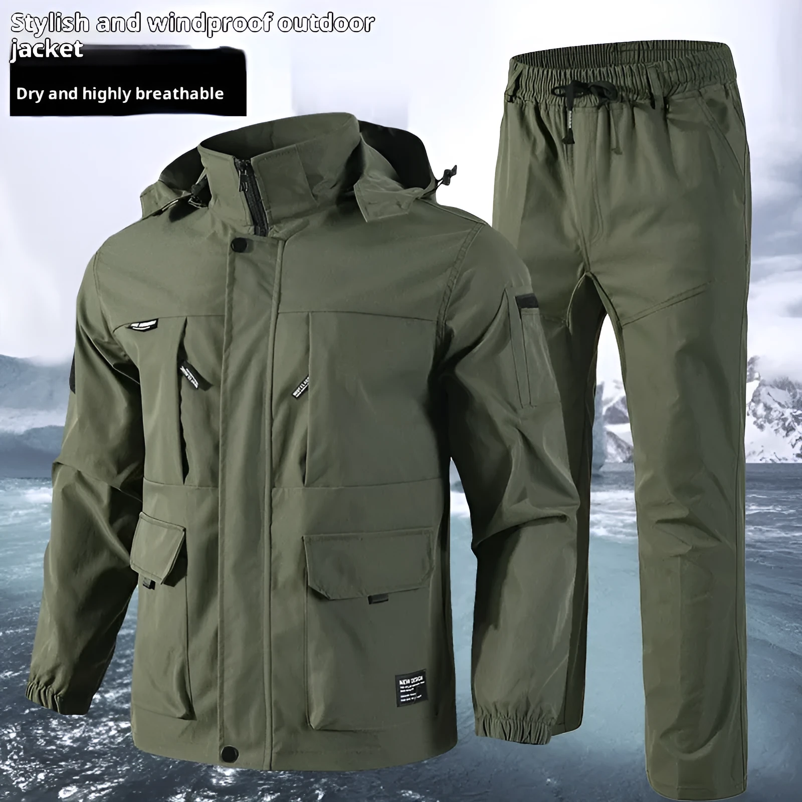 Men's camouflage outdoor casual jacket suit in green, long sleeves, synthetic fibre blend, coat and pants set