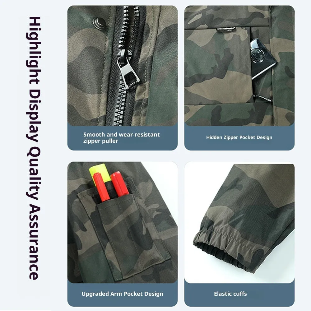Men's camouflage outdoor casual jacket suit in green, long sleeves, synthetic fibre blend, coat and pants set