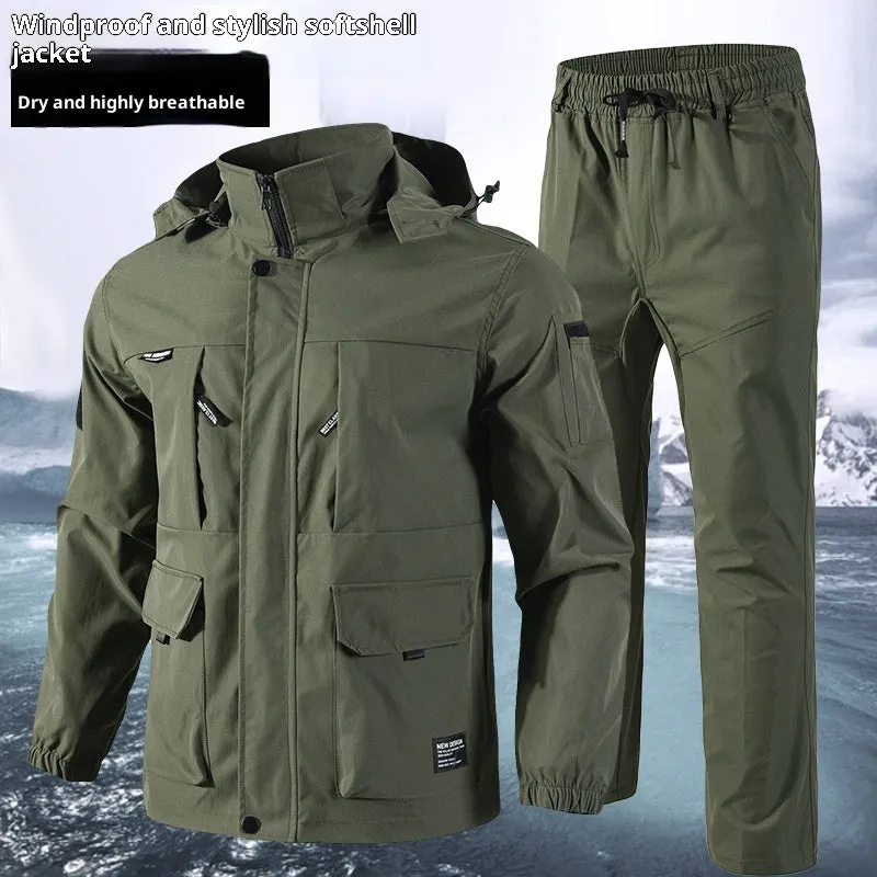 Men's camouflage outdoor casual jacket suit in green, long sleeves, synthetic fibre blend, coat and pants set