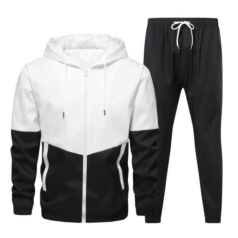 Men's casual sport jacket set in army green with hooded jacket and matching pants, synthetic fibre blend fabric