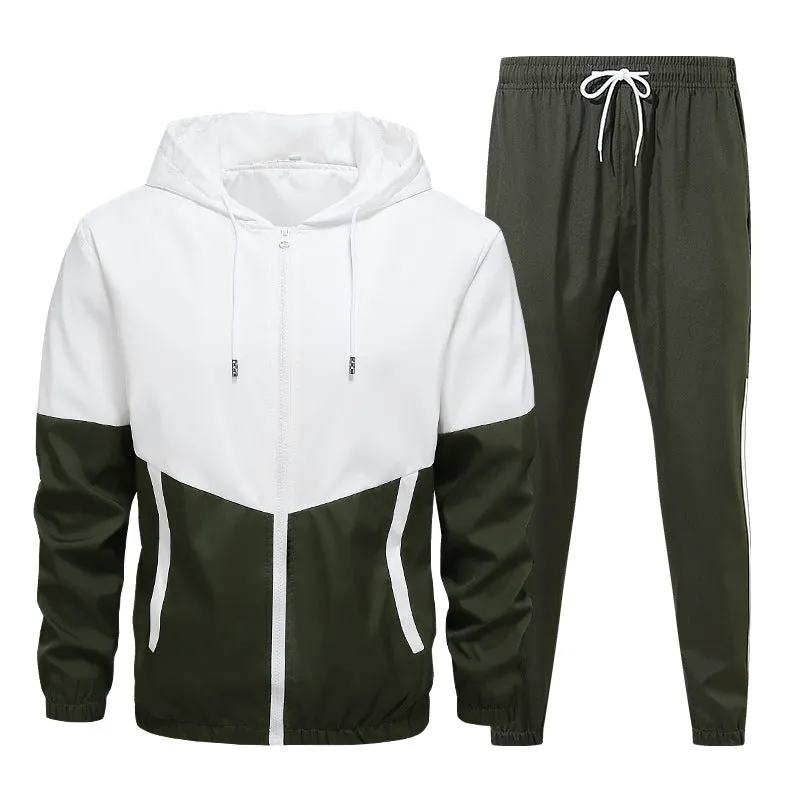 Men's casual sport jacket set in army green with hooded jacket and matching pants, synthetic fibre blend fabric