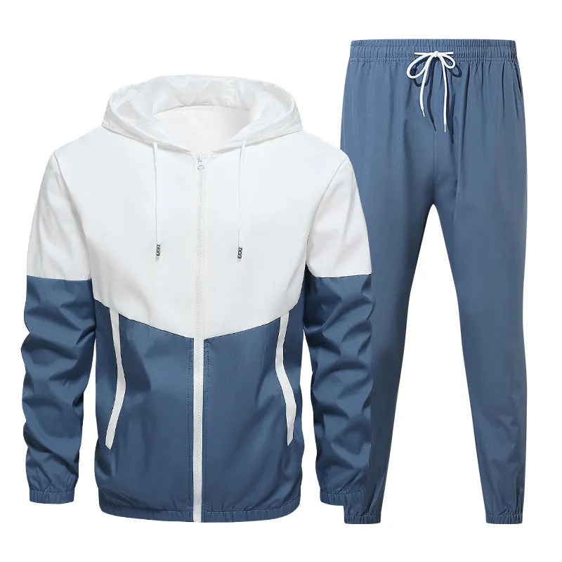 Men's casual sport jacket set in army green with hooded jacket and matching pants, synthetic fibre blend fabric