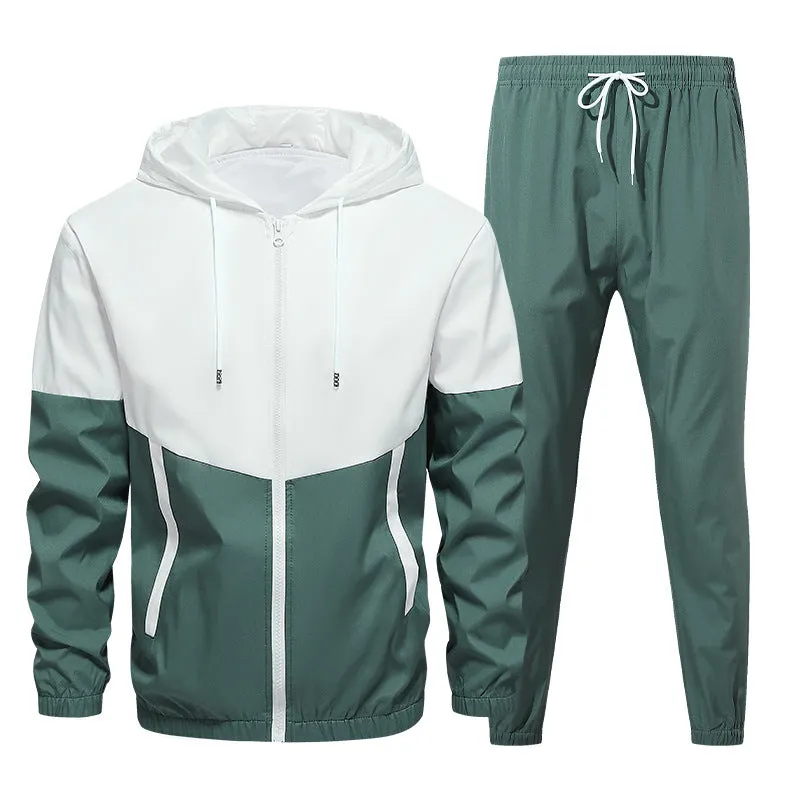 Men's casual sport jacket set in army green with hooded jacket and matching pants, synthetic fibre blend fabric