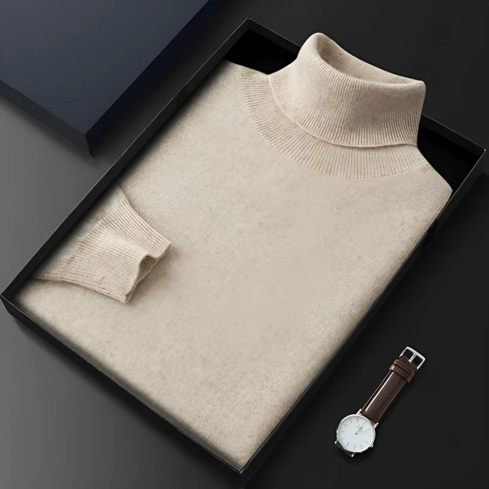 Men's mercerised cashmere base layer sweater in beige, minimalist style