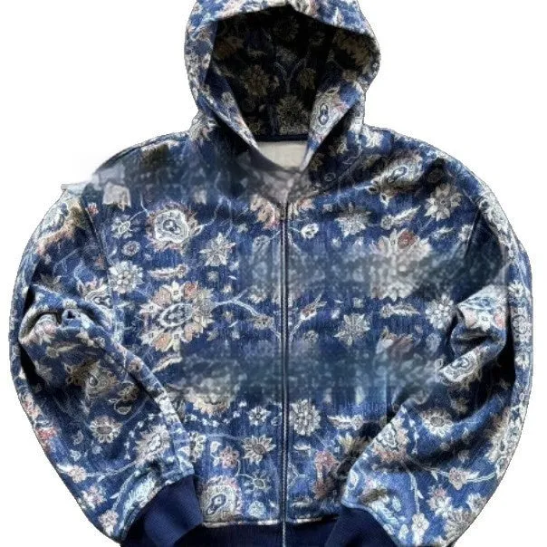 Men's loose blue hooded zip coat with long sleeves on a hanger