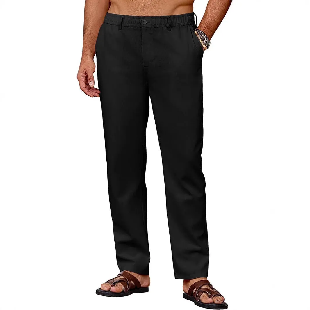 Men's casual breathable drawstring polyester straight pants in black with slight stretch