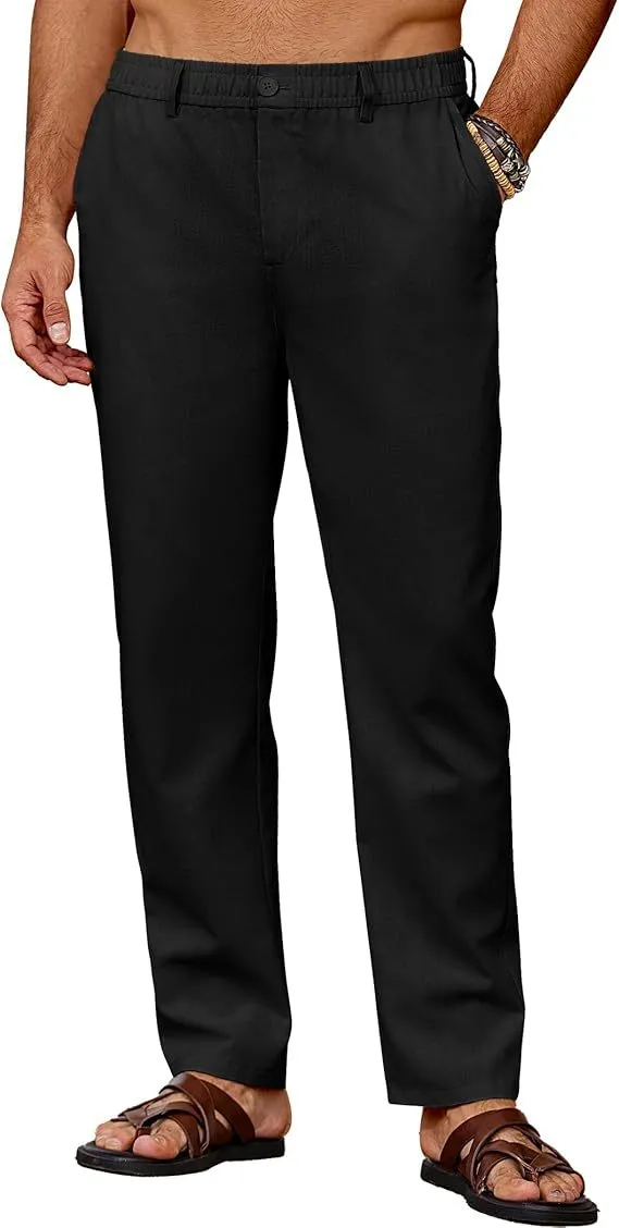 Men's casual breathable drawstring polyester straight pants in black with slight stretch