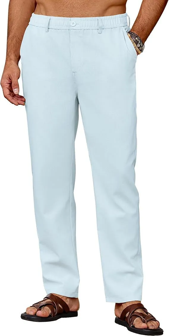 Men's casual breathable drawstring polyester straight pants in black with slight stretch